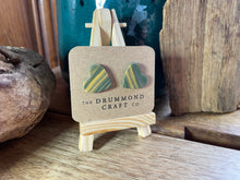 Load image into Gallery viewer, Green and yellow stripe heart studs