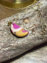 Load image into Gallery viewer, Half moon fuschia and mustard pendant necklace