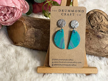 Load image into Gallery viewer, Turquoise half moons on hammered silver drops