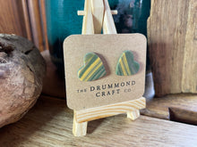 Load image into Gallery viewer, Green and yellow stripe heart studs