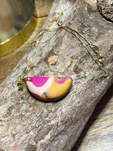 Load image into Gallery viewer, Half moon fuschia and mustard pendant necklace
