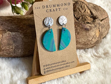 Load image into Gallery viewer, Turquoise half moons on hammered silver drops